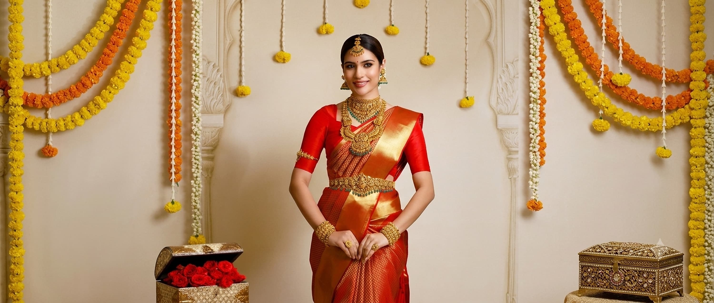 A bride in full bridal jewellery and a red-and-gold kanjeevaram saree, styled by Couple Artistry by Shaash